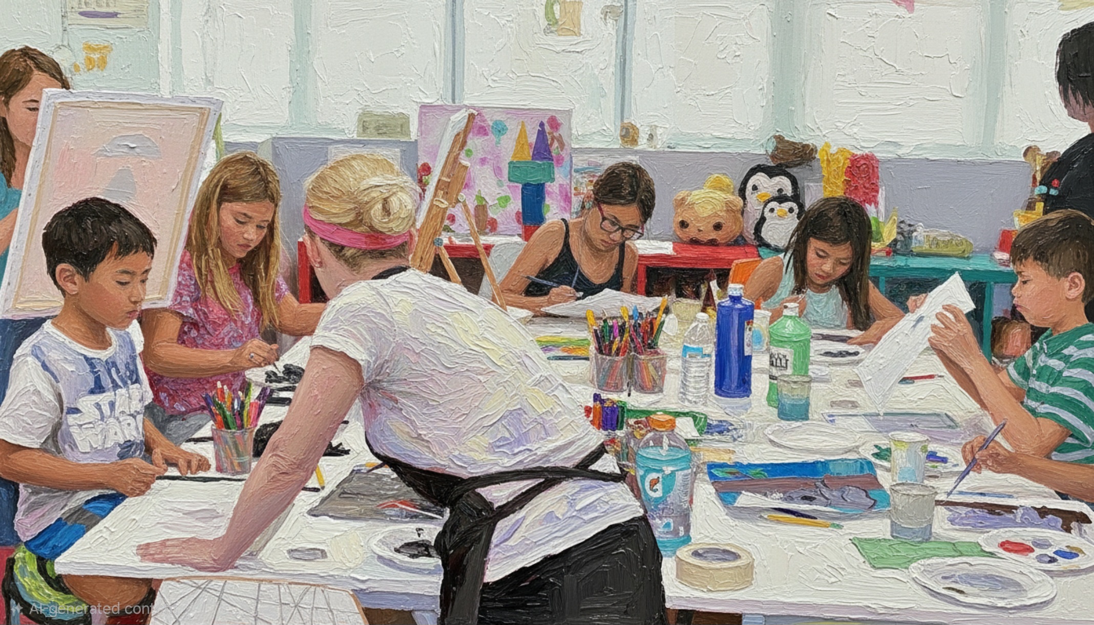 Art instructor teaching students on campus